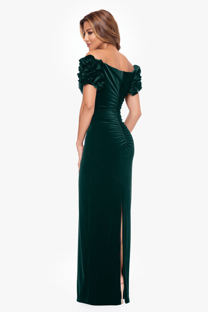 Hunter Petite “Rosie” Velvet Off the Shoulder Ruffle Sleeve Dress, back view with slit