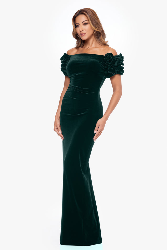 Hunter Petite “Rosie” Velvet Off the Shoulder Ruffle Sleeve Dress, angled three-quarter view