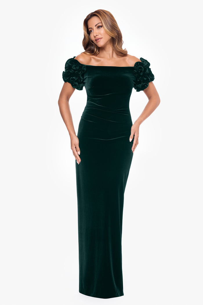 Hunter Petite “Rosie” Velvet Off the Shoulder Ruffle Sleeve Dress, alternate front view