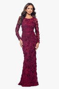 Petite "Ruby" Raised Flowers Long Sleeve Dress