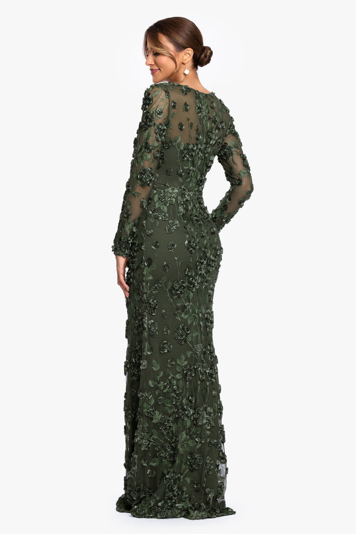 Olive Petite “Ruby” Raised Flowers Long Sleeve Dress, back view