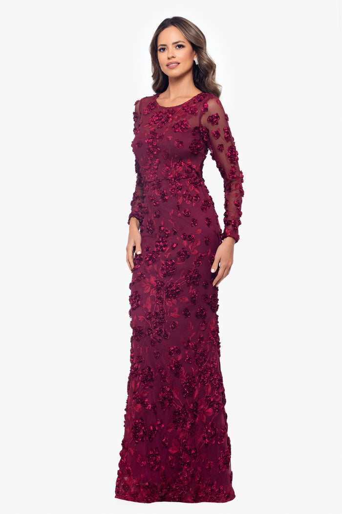 Petite "Ruby" Raised Flowers Long Sleeve Dress