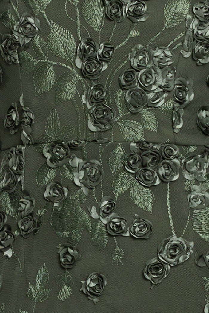 Olive Petite “Ruby” Raised Flowers Long Sleeve Dress, raised floral appliqué fabric detail