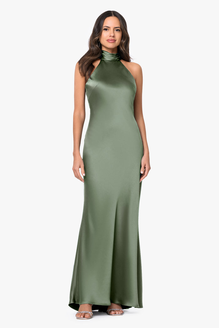 Olive Petite “Ruth” Satin High Tie Neck Backless Dress, front view