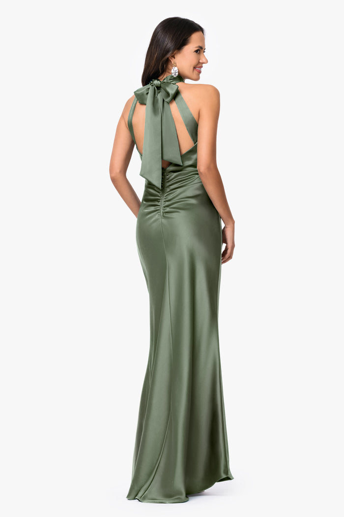 Olive Petite “Ruth” Satin High Tie Neck Backless Dress, back view