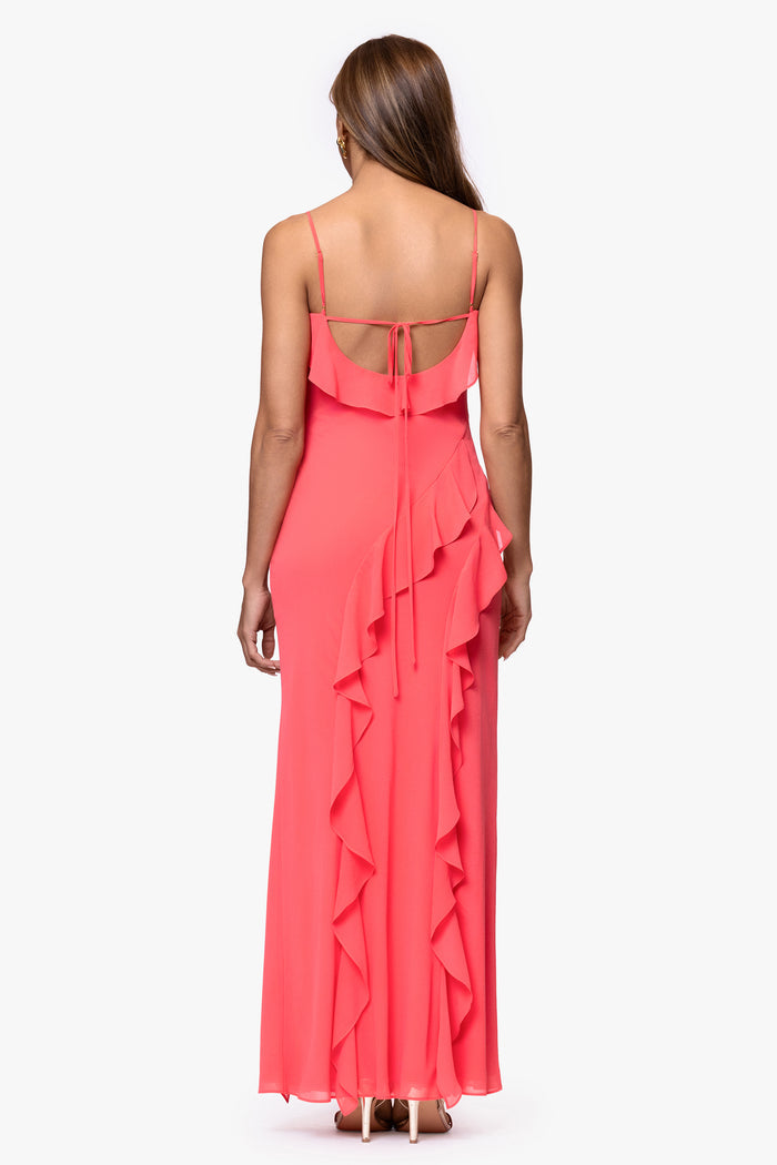 Coral “Summer” Chiffon Ruffle Dress, back view