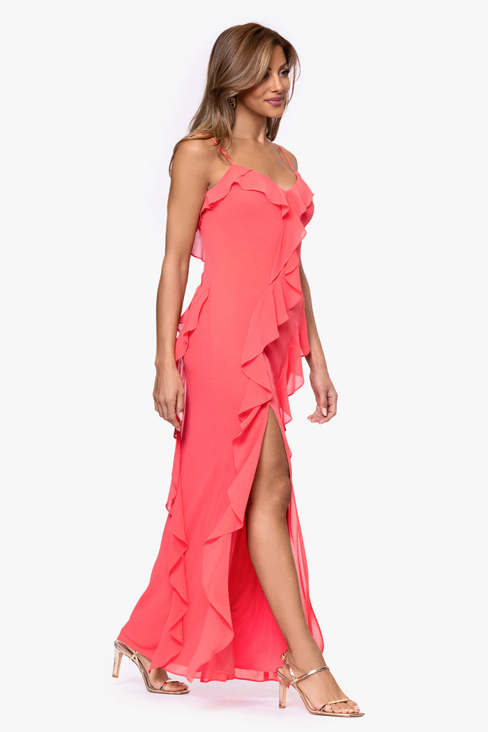 Coral “Summer” Chiffon Ruffle Dress, alternate front view with side slit