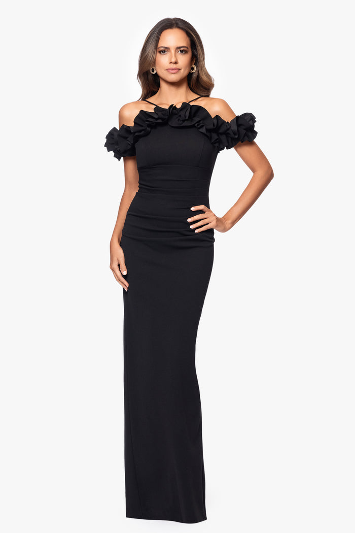 Black Petite “Tyla” Scuba Crepe Ruffle Top Dress, front view