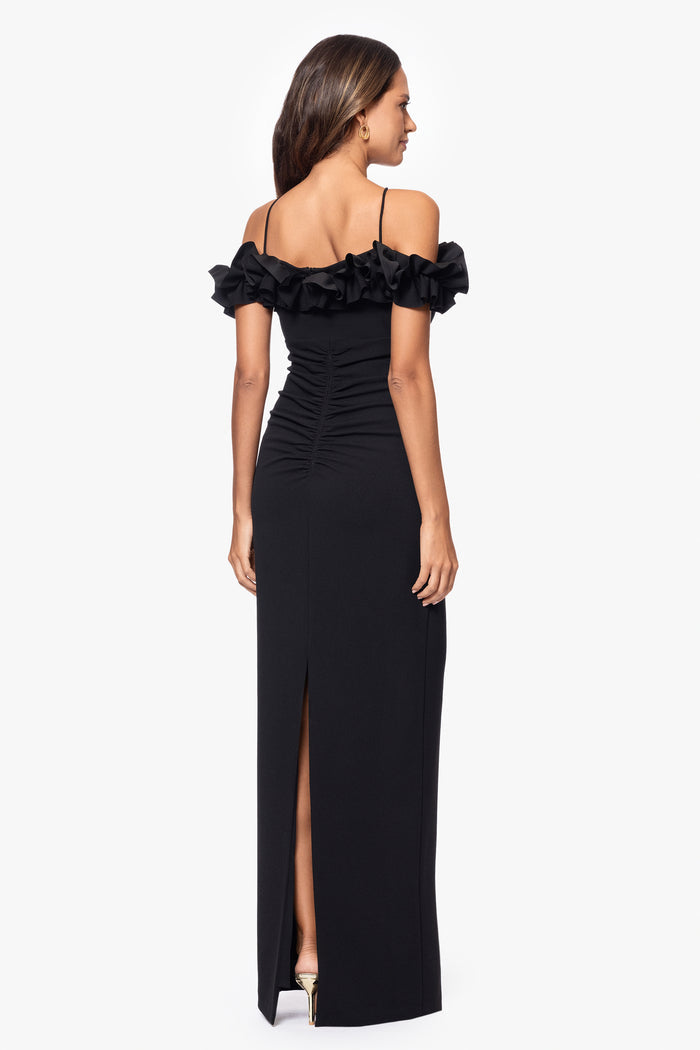 Black Petite “Tyla” Scuba Crepe Ruffle Top Dress, back view