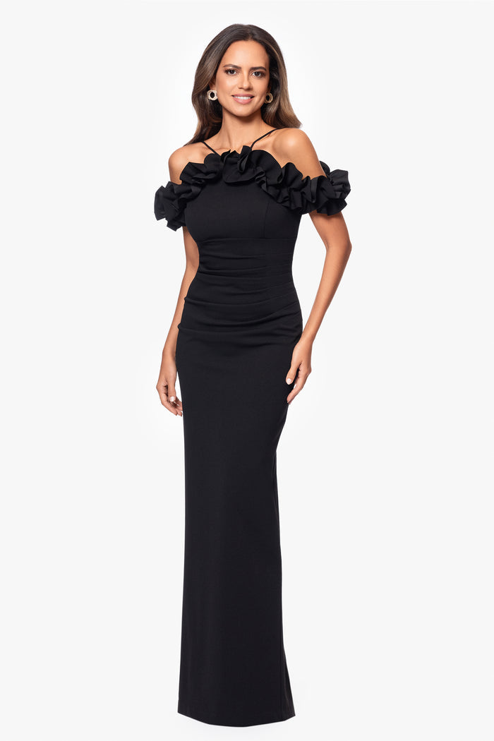 Black Petite “Tyla” Scuba Crepe Ruffle Top Dress, alternate front view