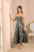 Petite "Valentina" Brocade Strapless Midi Dress