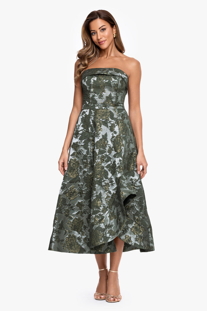 Petite "Valentina" Brocade Strapless Midi Dress