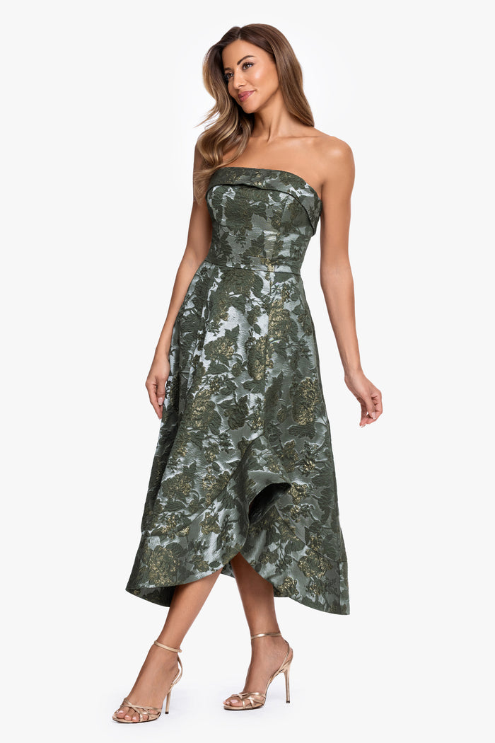 Petite "Valentina" Brocade Strapless Midi Dress
