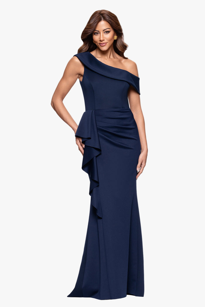 Midnight Petite “Valerie” Techno Scuba Off The Shoulder Ruffle Dress, front view