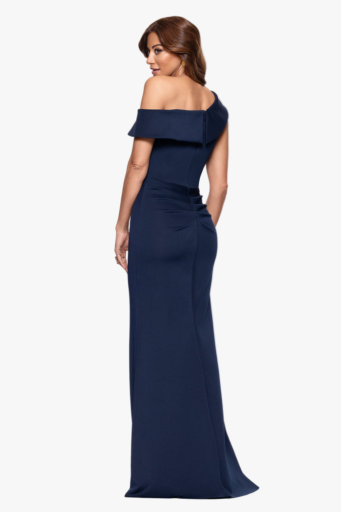 Midnight Petite “Valerie” Techno Scuba Off The Shoulder Ruffle Dress, back view