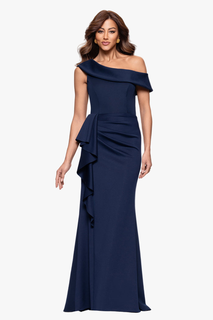 Midnight Petite “Valerie” Techno Scuba Off The Shoulder Ruffle Dress, angled three-quarter view