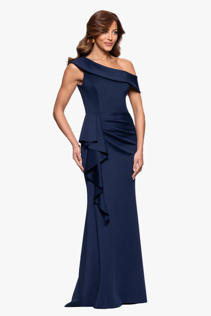 Midnight Petite “Valerie” Techno Scuba Off The Shoulder Ruffle Dress, three-quarter view