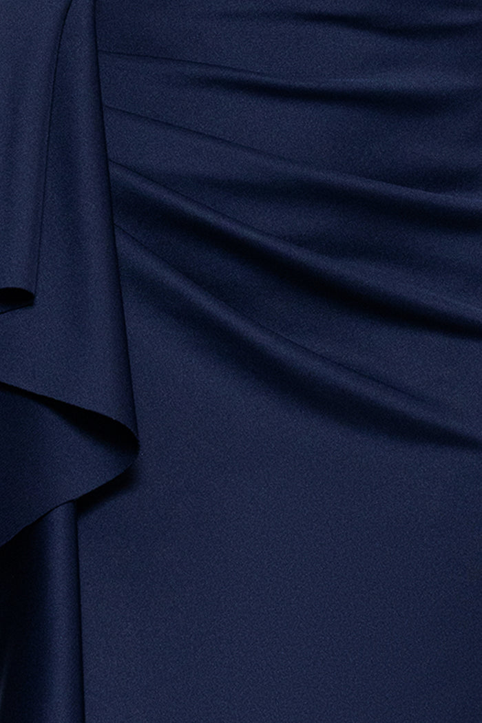 Midnight Petite “Valerie” Techno Scuba Off The Shoulder Ruffle Dress, techno scuba fabric and ruffle detail