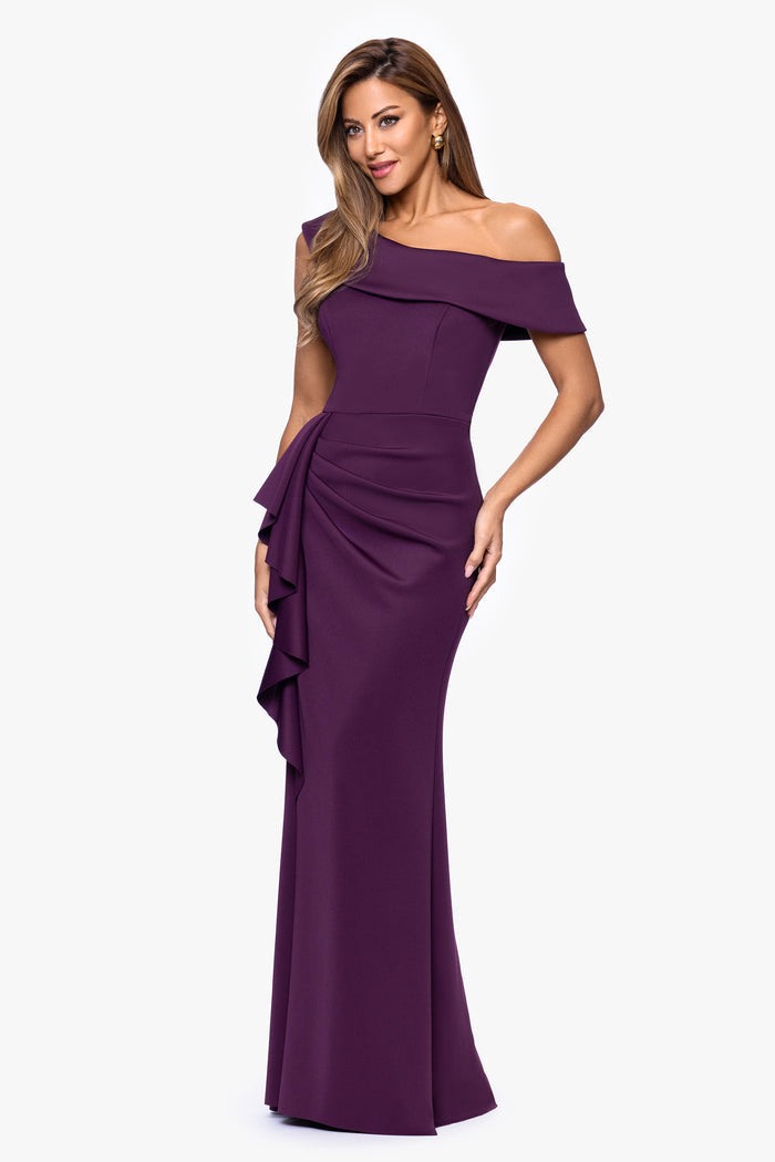 Plum Petite “Valerie” Techno Scuba Off The Shoulder Ruffle Dress, angled three-quarter view