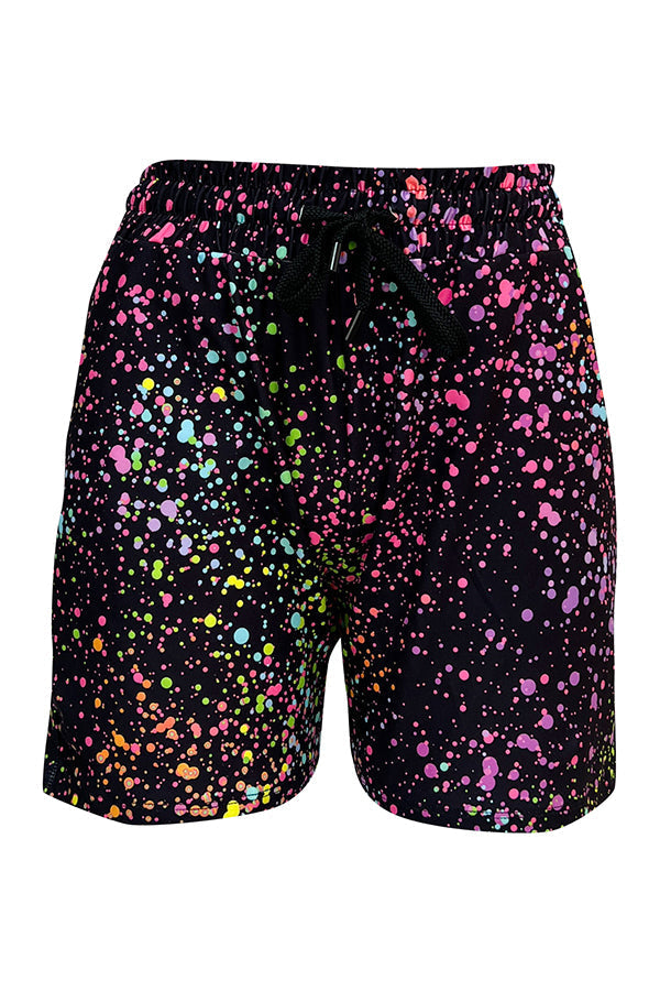 Black jogger shorts with vibrant pink galaxy print and multicolor splatter design, featuring a drawstring waist and side pockets for casual comfort.