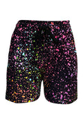 Black jogger shorts with vibrant pink galaxy print and multicolor splatter design, featuring a drawstring waist and side pockets for casual comfort.
