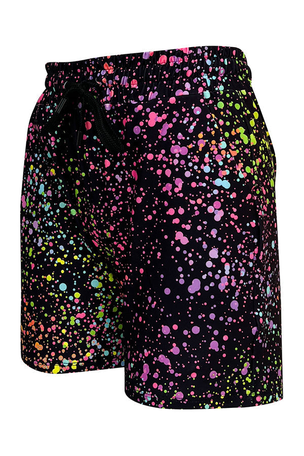 Black jogger shorts with vibrant pink galaxy and multicolor splatter print, elastic waistband, and side pockets.