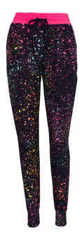 Pink Galaxy Joggers with colorful splatter print, pink waistband, cuffed bottoms, drawstring waist, and pockets.