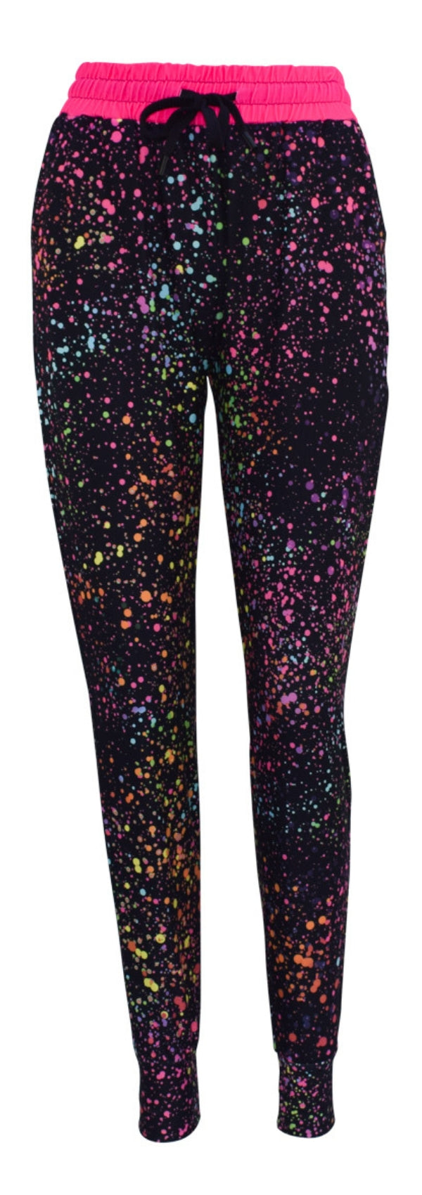 Pink Galaxy Joggers with colorful splatter print, pink waistband, cuffed bottoms, drawstring waist, and pockets.