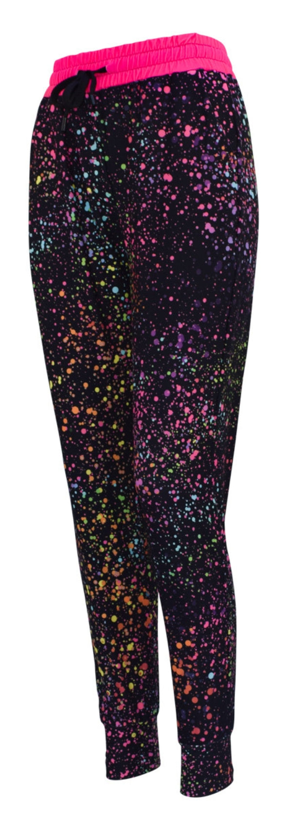 Pink Galaxy Joggers with colorful splatter pattern, pink waistband, cuffed bottoms, drawstring waist, and pockets in soft magic fabric.