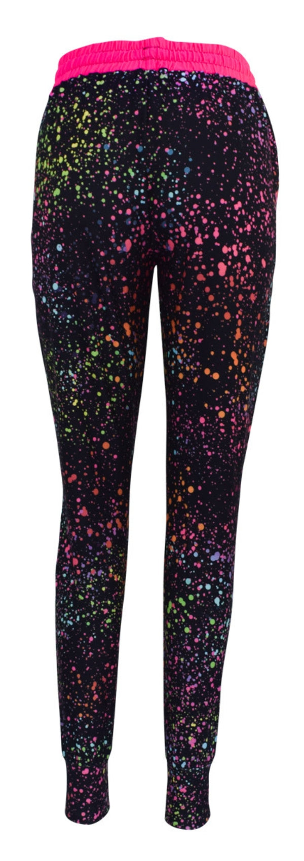 Slim fit pink galaxy joggers with colorful splatter print, pink waistband, cuffed bottoms, drawstring waist, and pockets.
