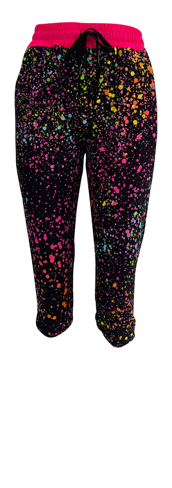 Pink Galaxy Joggers with colorful splatter design, pink waistband, cuffed bottoms, drawstring waist, and pockets.