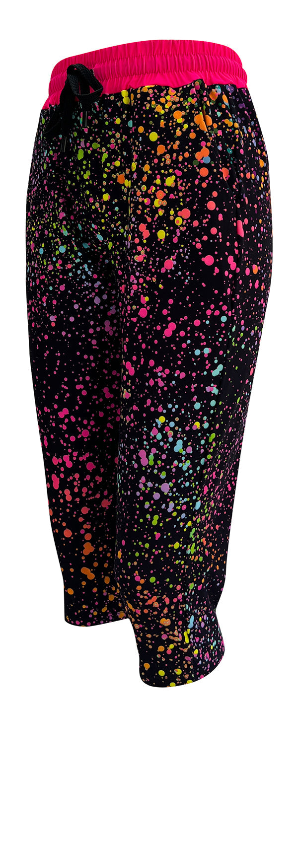 Pink Galaxy Joggers with colorful splatter print, pink waistband, cuffed bottoms, drawstring waist, and pockets.