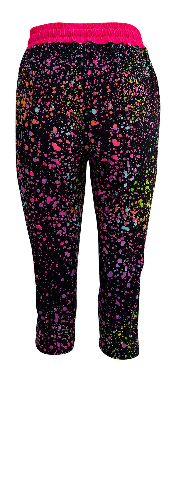 Pink Galaxy Joggers with colorful splatter design, pink waistband, cuffed bottoms, drawstring waist, and pockets.