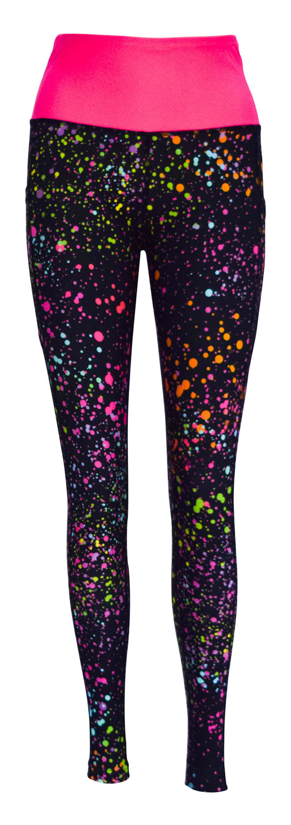 Pink Galaxy + Pockets leggings with colorful galaxy print, bright pink waistband, and deep side pockets for keys and phone