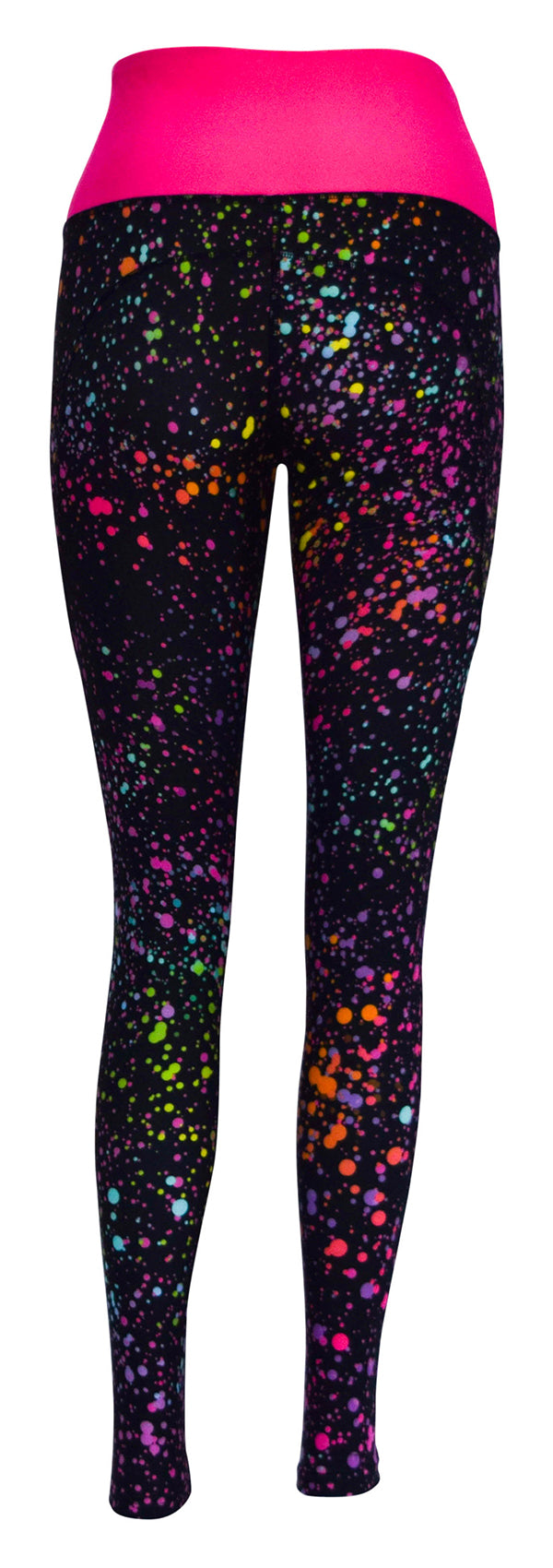 Black leggings with colorful galaxy print, bright pink waistband, and deep side pockets