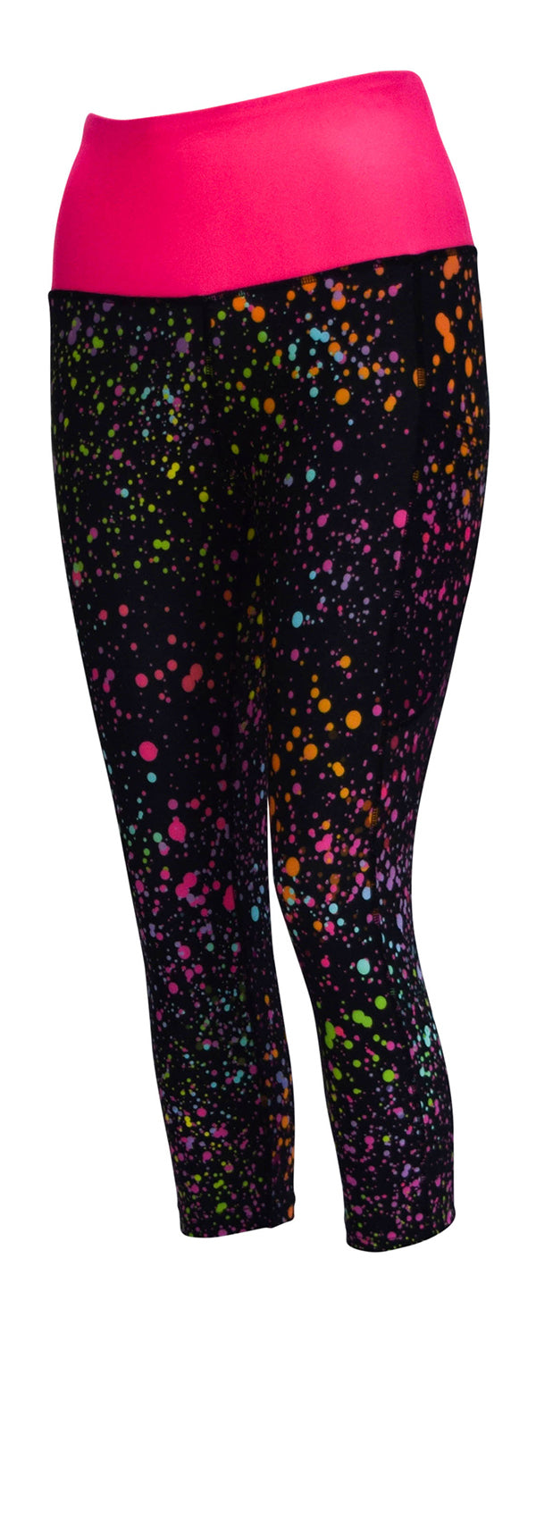 Pink Galaxy leggings with colorful splatter print, pink waistband, and deep side pockets