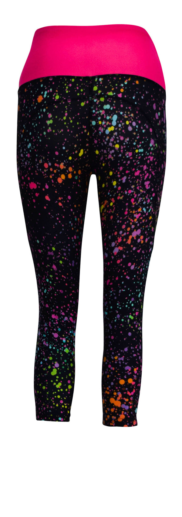 Black leggings with colorful galaxy print, pink waistband, and deep side pockets for keys and phone, Pink Galaxy + Pockets style