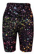 Black shorts with colorful pink galaxy-inspired splatter print and side pockets