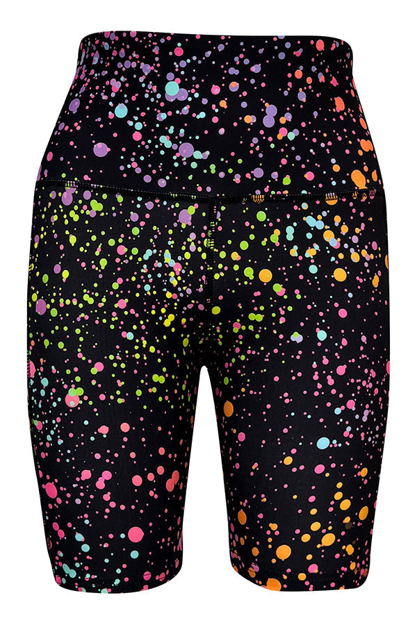 Black shorts with colorful pink galaxy-inspired splatter print and side pockets