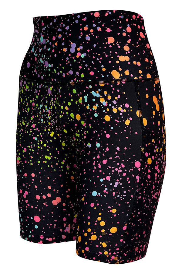 Black pink galaxy shorts with colorful splatter pattern and deep side pockets