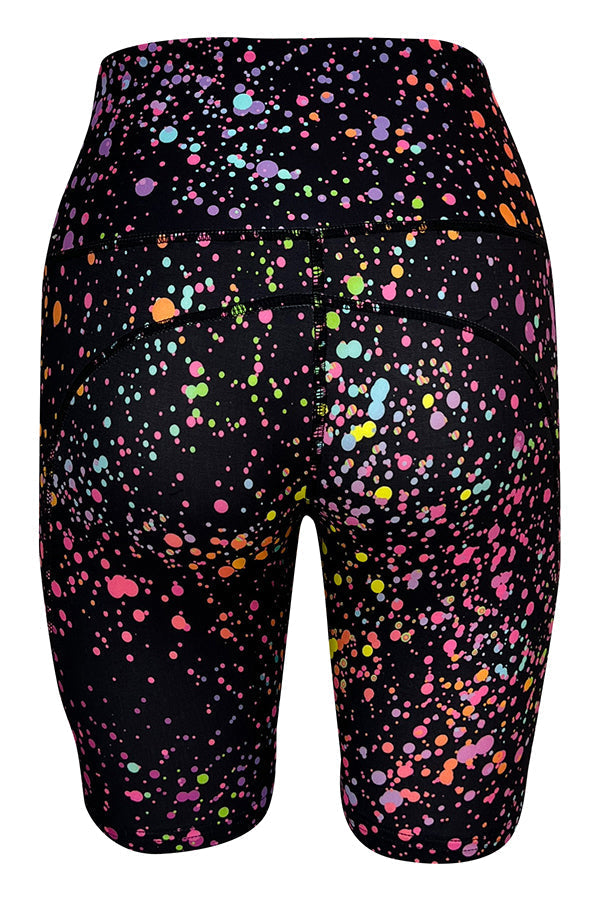 Black shorts with vibrant pink galaxy-inspired splatter pattern and deep side pockets
