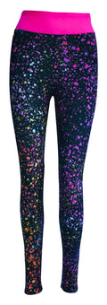 Black leggings with colorful galaxy splatter pattern and bright pink waistband