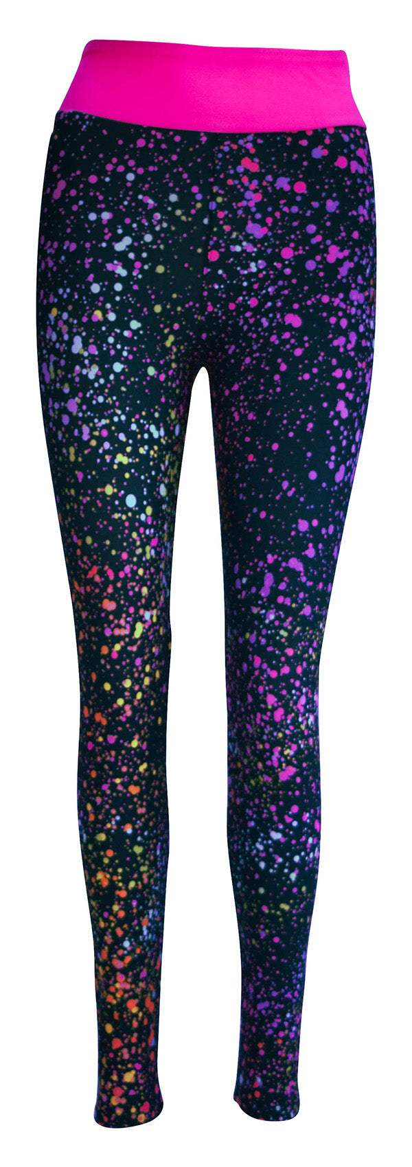 Black leggings with colorful galaxy splatter pattern and bright pink waistband