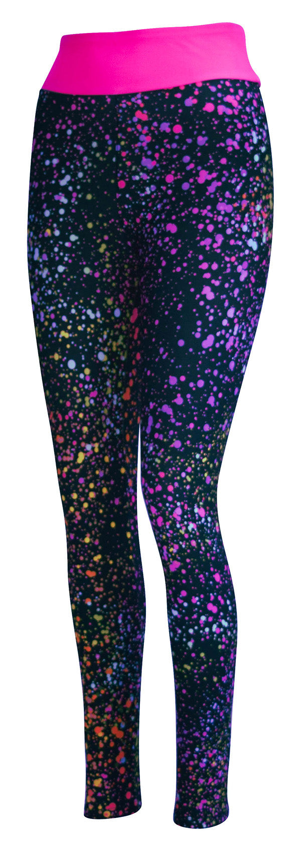 Women’s leggings with colorful pink galaxy print and bright pink waistband