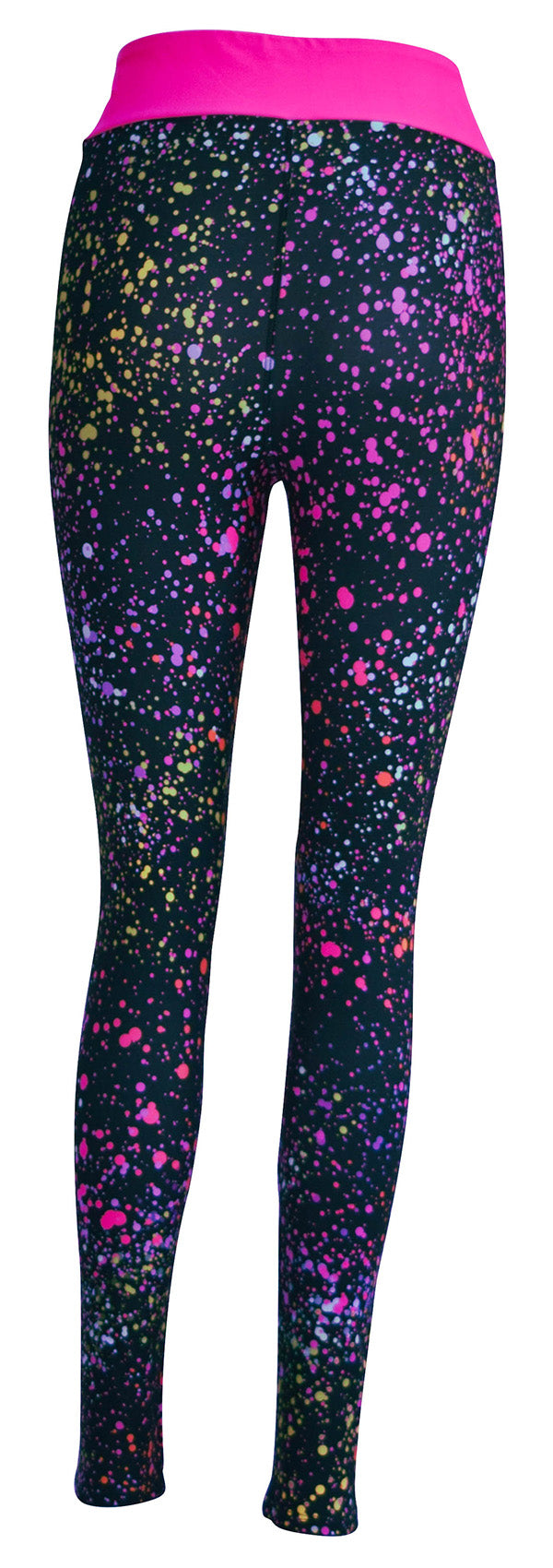 Pink Galaxy leggings with colorful splatter design and bright pink waistband