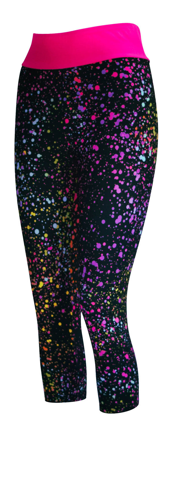 Pink Galaxy leggings with colorful splatter pattern and bright pink waistband
