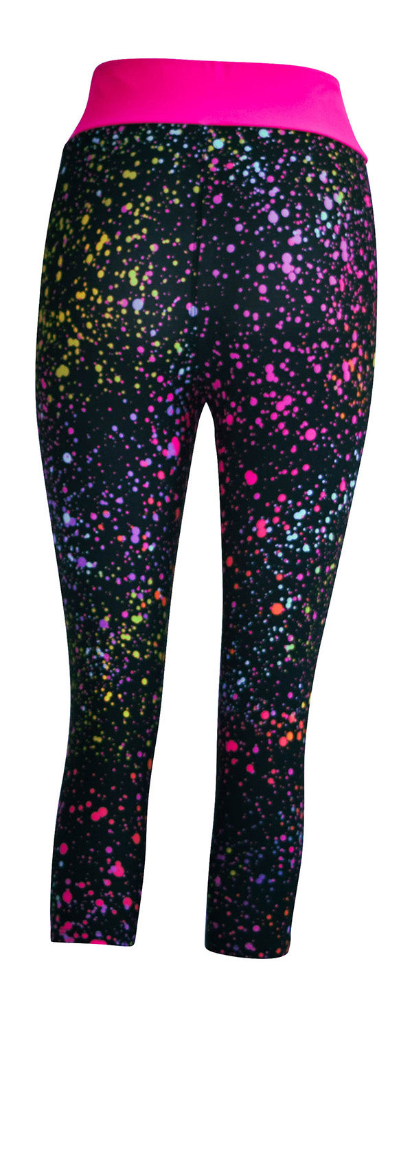 Leggings with colorful pink galaxy print and bright pink waistband.
