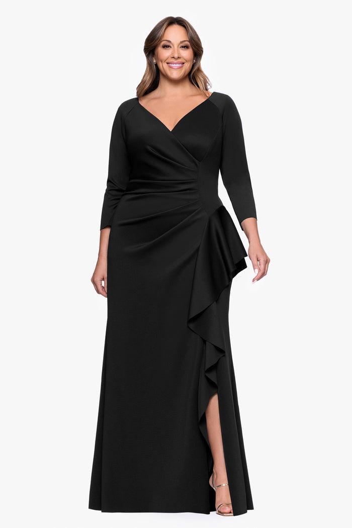 Black Plus “Amber” Techno Scuba 3/4 Sleeve V-Neck Ruffle Dress, front view