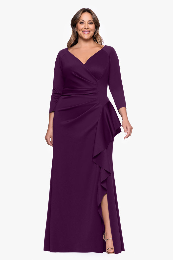 Plum Plus “Amber” Techno Scuba 3/4 Sleeve V-Neck Ruffle Dress, front view