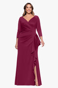 Plum Plus “Amber” Techno Scuba 3/4 Sleeve V-Neck Ruffle Dress, front view